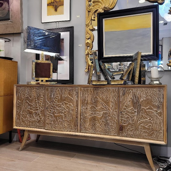 Image 1 of Enfilada / sideboard, following Rafael García Nicolau, carved oak wood, Mid-century, 70’s – Spain