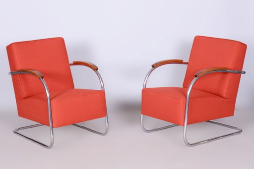 Ensemble de deux fauteuils Bauhaus restaurés, par Mücke Melder, chromés, République tchèque, années 1930 – Textile, Wood