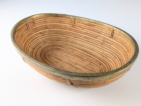 Italian Mid-Century Rattan and Brass Oval Centerpiece Bowl, 1970s (photo 3 of 11)