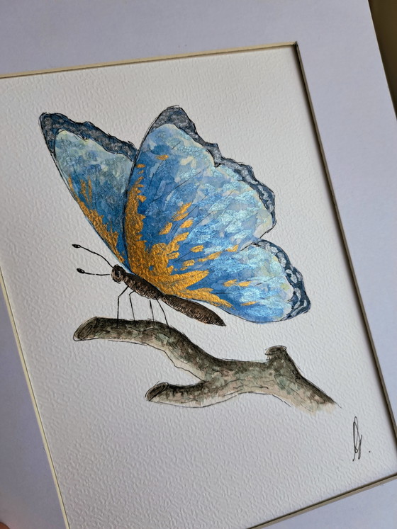 Image 1 of Original watercolor blue butterfly including frame