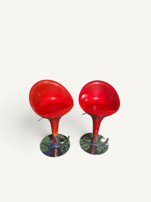 Pair of adjustable red bar stools in resin and chrome – barkrukken, Metal, Plastic (photo 2 of 5)