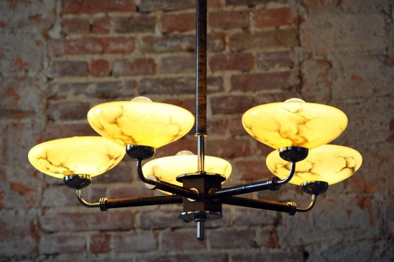 Gerestaureerde art-deco kroonluchter, chroom, beukenhout, walnoothout, glas, Tsjechisch, jaren 1920 – Metal (photo 10 of 12)