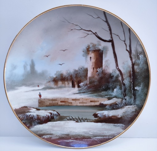 Large Decorative Plate Tower Winter Landscape Early 20th century