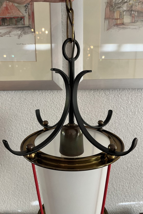 Image 1 of Unique Italian vintage pendant lamp | 1950s | Wrought iron, brass & opaline glass