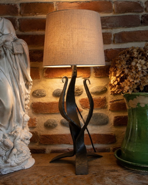 Vintage French Brutalist Wrought Iron Table Lamp, Hand Forged Artisan Lighting, 1950s–1970s