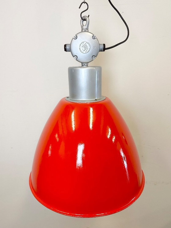 Image 1 of Large Red Painted Industrial Factory Lamp from Elektrosvit, 1960s