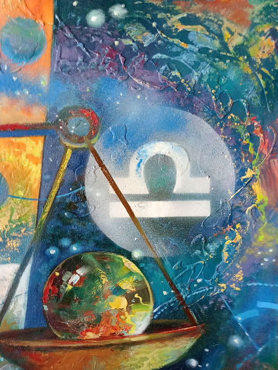 Original Oil Painting Abstract Expressionism Zodiac Sign Scales – Paintings & Drawings, Canvas (photo 4 of 7)