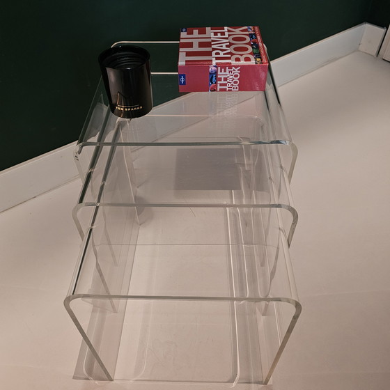 Image 1 of Set Of 3 Vintage Plexiglass Side Tables: Translucent Curved Acrylic Glass Tables, Perspex, Transparent, Mid - Century, Space Age