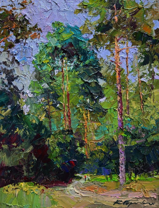 Original Oil Painting Summer Nature Landscape Along the Forest Path – schilderijen tekeningen, Canvas
