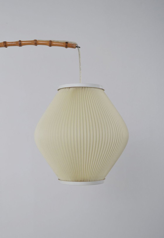 Image 1 of Danish wall lamp with wooden arch and pearl shade lampshade, 1960s