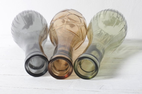 Image 1 of Set of 3 Grey, Green and Amber Glass Vases / Colored Bottles or Flower Vases / Ikea / 2000s