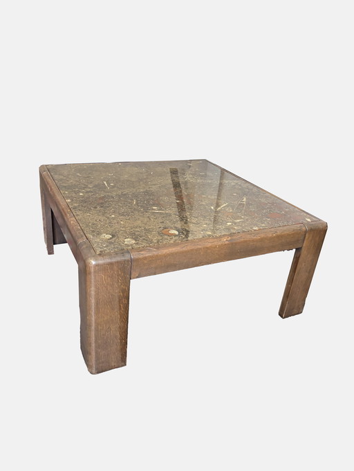 Antieke Salontafel Fossiel Blad Steen Met Houten Poten