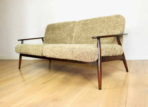Bellissimo divano vintage a tre posti degli anni '80 con cuscini sfoderabili - pelo lungo color kaki, beige scuro