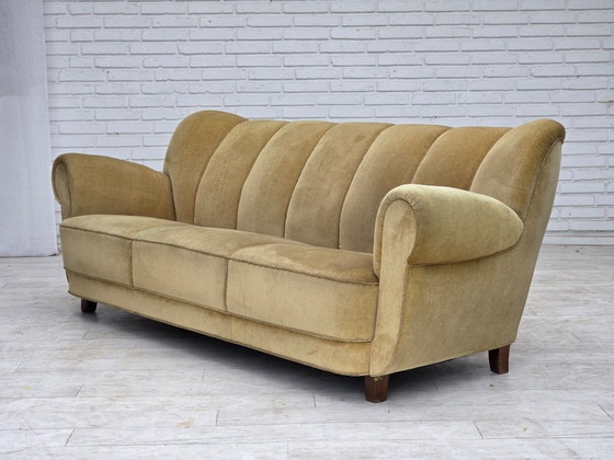 1960s, Danish 3-seater sofa, light green furniture velour., 3-5 seaters, Velvet, Wood, Vintage (photo 4 of 15)