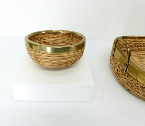Image 1 of Cestino e ciotola in rattan e ottone nello stile di Gabriela Crespi, Italia 1960-1970