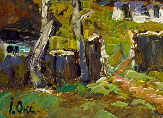 Image 1 of Original Oil Painting Autumn Forest Landscape Houses near the forest