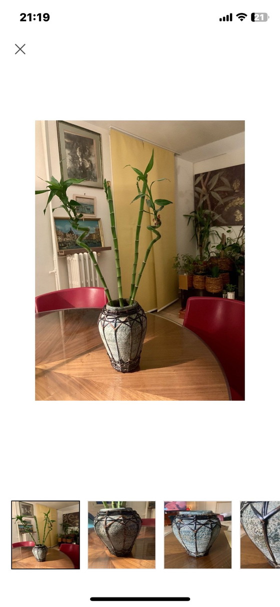 Antique Japanese Stoneware and Braided Bamboo Vase - Wabi-Sabi / Mingei Style, Ceramic, Multi Color (photo 5 of 10)
