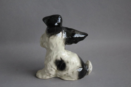 Image 1 of Dog figurine, terrier, black and white spotted, hand-painted ceramic from the 1960s