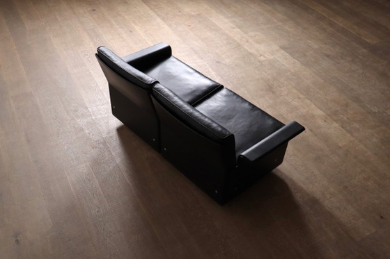 Image 1 of Dieter Rams Modell 620 Zweisitzer-Sofa aus schwarzem Leder für Vitsoe, 1980er Jahre