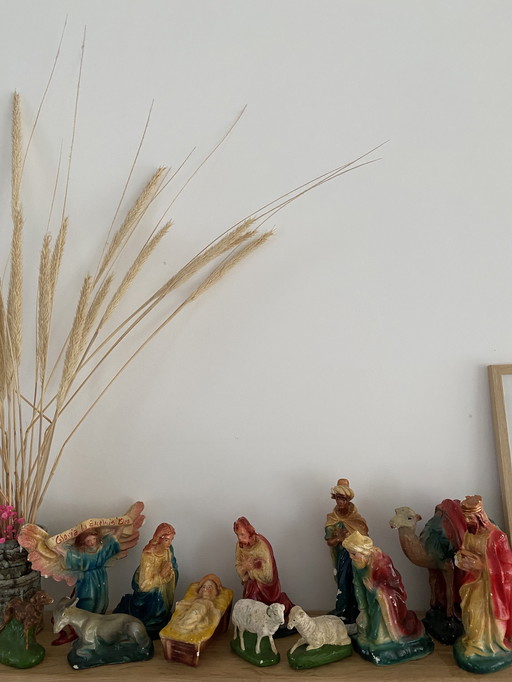 Juego de belén navideño vintage de 9 piezas de tiza de los años 50