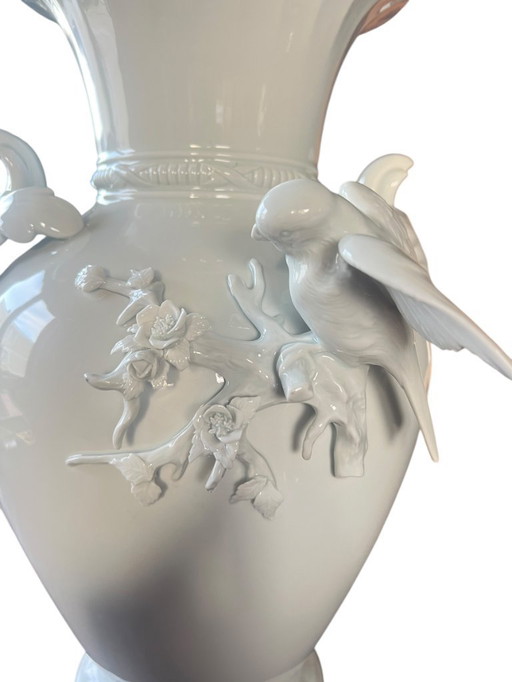 A.K. Kaiser porcelain vase with graceful handcrafted birds - courting blue tits - A masterpiece of porcelain art.