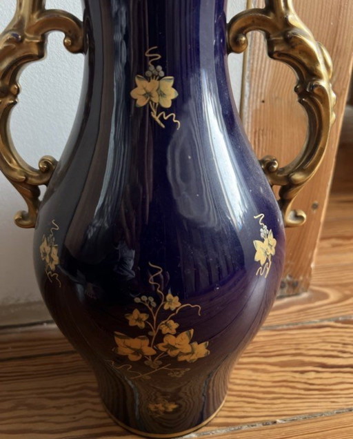 Vintage antieke keramische porseleinen aardewerken vaas in blauw en goud van Jaguet Pinon