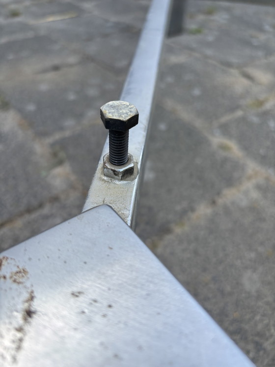 Image 1 of Vintage Brutalist Leistenen Salontafel met Chroom Onderstel – 80x80 cm