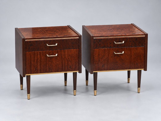 Set of 2 vintage design Nightstands with brass details, Wood, Brown (photo 2 of 8)