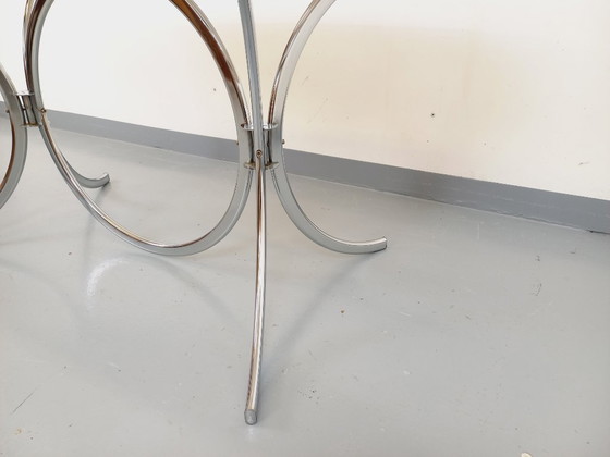 Image 1 of Table à manger rectangulaire arrondie vintage en verre fumé et métal chromé style Space Age des années 70