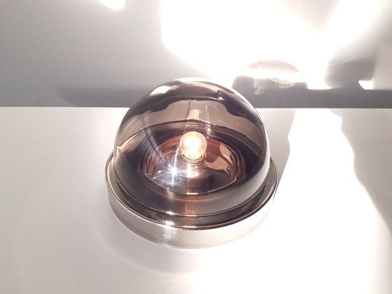 Image 1 of Stijlvolle space age plafonnière met rookglazen kap, vintage glazen plafondlamp met chroom