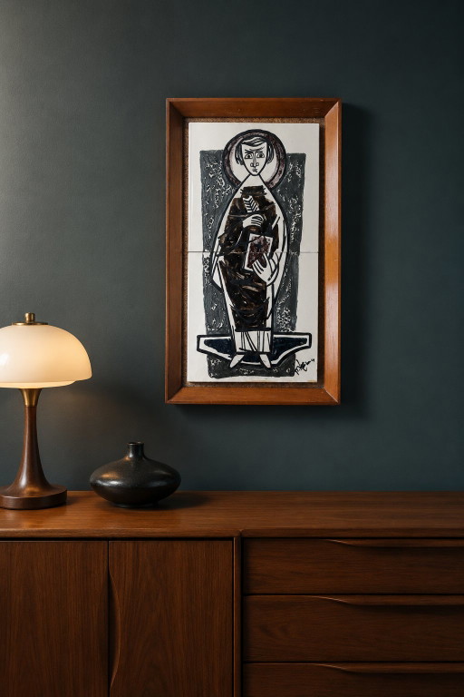 Tapisserie murale en céramique du milieu du siècle, années 1960, figure religieuse signée, vintage (photo 2 of 9)
