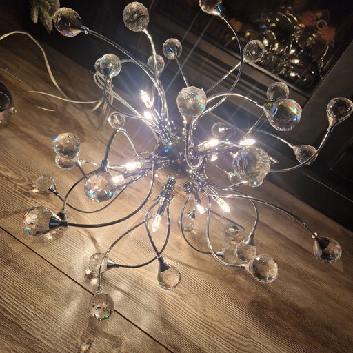 Lampada a sospensione Sonja Chrome-Crystal, esclusiva illuminazione Searchlight, 12 punti luce