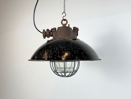 Black Enamel and Cast Iron Industrial Cage Pendant Light, 1960s