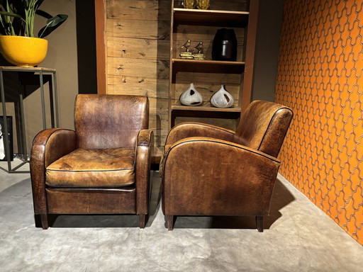 Set Vintage Schapenleren Art deco fauteuils 