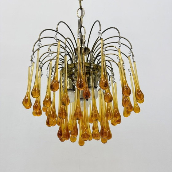 Image 1 of Mid Century Design Murano-Bernsteinglas-Tropfenleuchter, 1970er Jahre