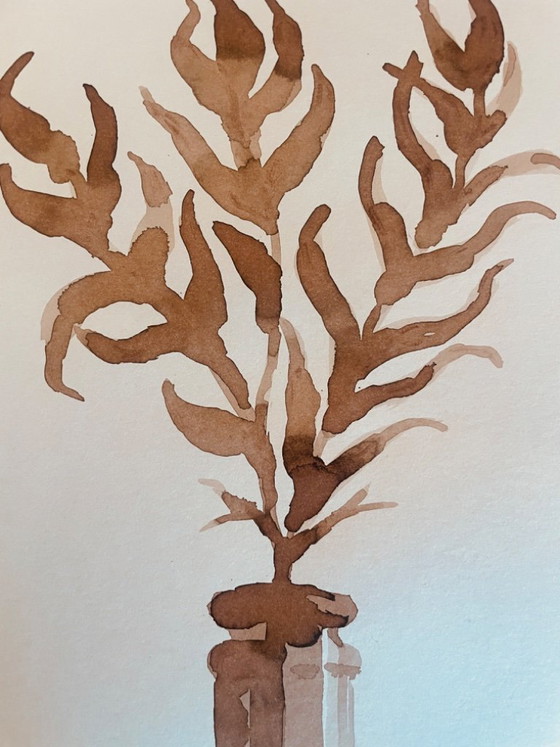 Image 1 of Painting, monochrome sepia still life "dried flowers", signed