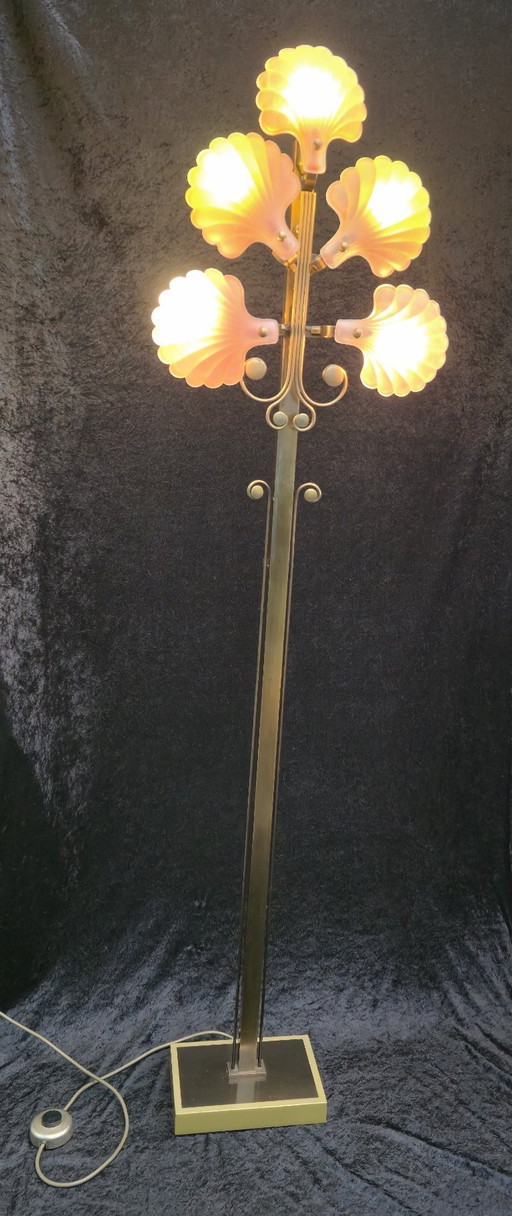 Lampadaire en laiton Deknudt, style Art déco, lampe en forme de coquillage