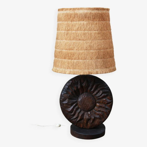Page 1 of 6 Brutalist Lamp in Wood and Raffia Signed Delsinne, Belgium, 60s. – tafellampen