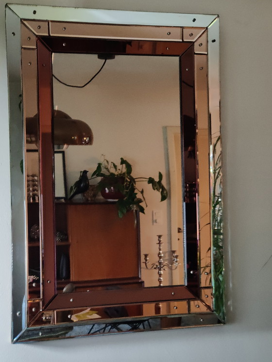 Image 1 of Grote Italiaanse Hollywood Regency Wandspiegel – 110x75 cm – Getint Glas – Eiken Kader – Jaren 70