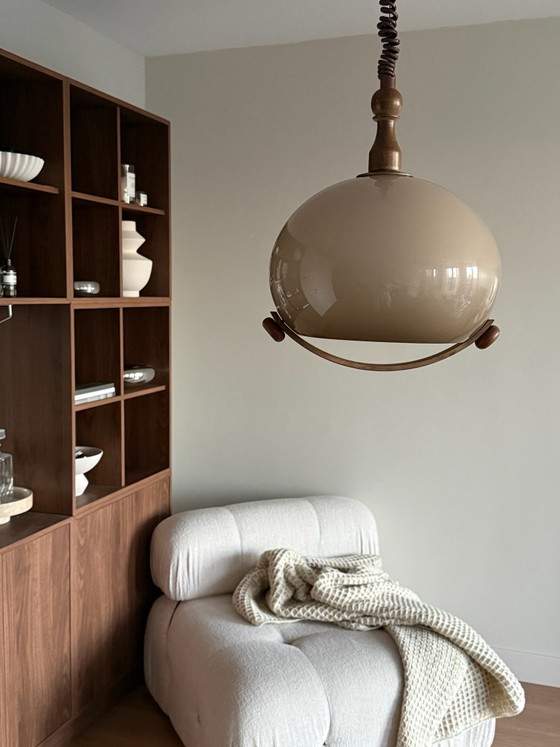 Vintage 70s design pendant lamp – Space Age – Plastic, Wood (photo 5 of 14)