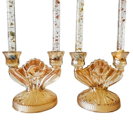 Image 1 of Vintage pair of Jeanette Carnival glass peach candlesticks art deco 1930s