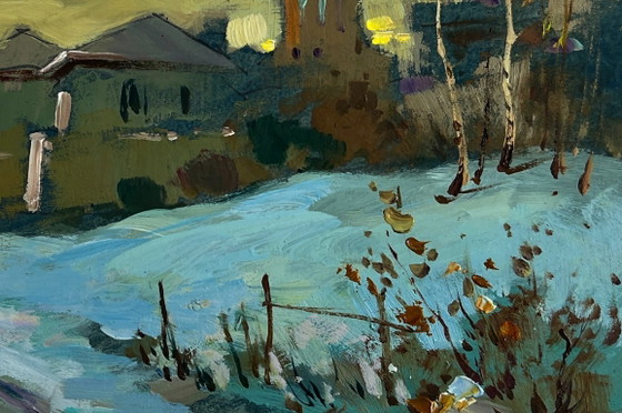 Image 1 of Original Oil Painting Evening Winter Landscape Sunset behind the village
