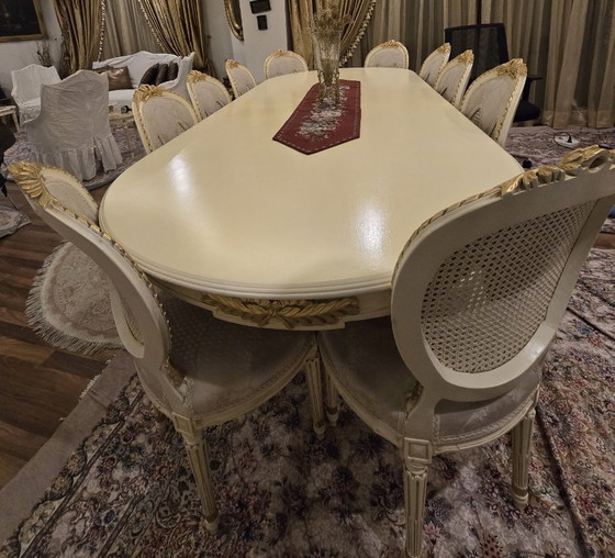 Image 1 of Grand Louis XVI Style Dining Suite: Large Oval Table & 10 Medallion Chairs (Solid Walnut)