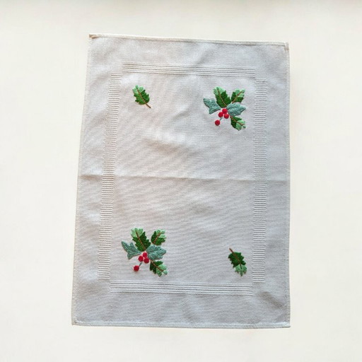 Petite nappe de Noël vintage – blanche avec broderie de gui vert et rouge, 100 % coton, 30 x 40 cm