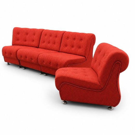 Image 1 of Vintage Space Age Modular Or Sectional Curved Sofa In Original Red Fabric, Tatra Czechoslovakia 1970s