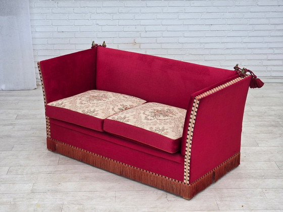 1970s, Danish 2-seater "Spanish" drop arm sofa, furniture velour., 2 seaters, Velvet, Wood, Red (photo 9 of 23)
