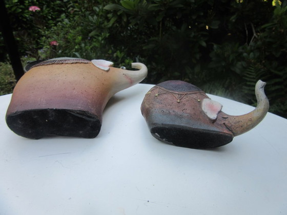 Image 1 of 2 Elephant Statues Figurines Ceramic Stoneware Mid Century Modern