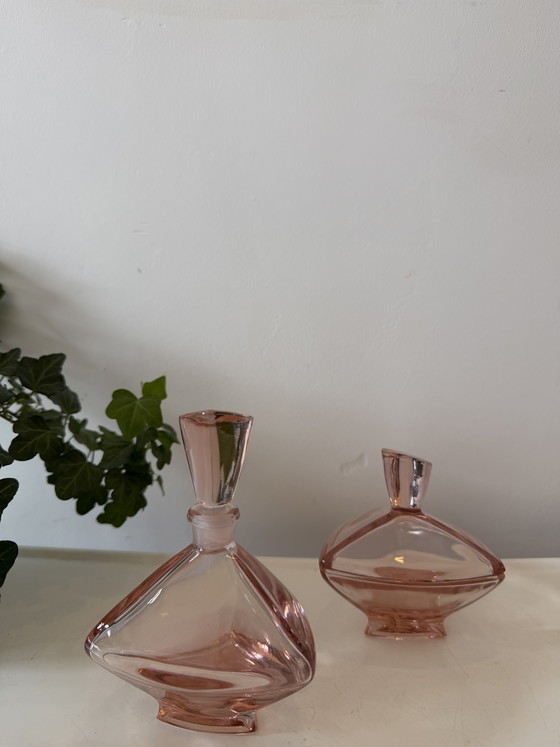 Image 1 of Art Deco Set Pink Glass Bottle and Lidded Jar
