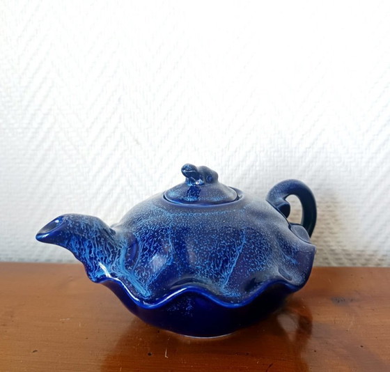 Image 1 of Art Deco blue ceramic teapot with frog