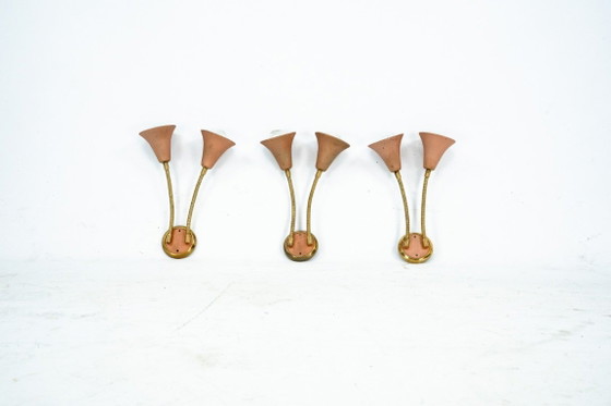 Mid-Century, Set of three sconces in Arredoluce manner. Italy 1950s, Wall lights, Brass, Orange (photo 5 of 11)